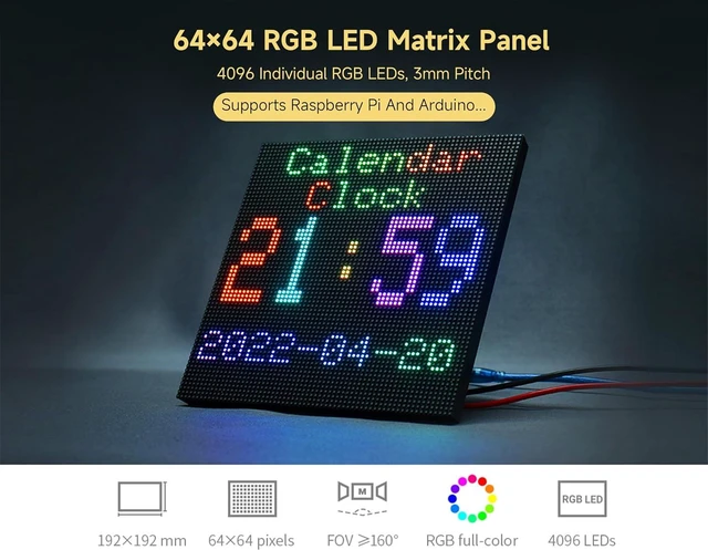 Alt view image 2 of 6 - 4096 64×64 RGB Full-Color LED Matrix Panel, 3mm Pitch Display Screen Compatible with Raspberry Pi 5/4B/Zero 2W/Zero/Pico 2W /Pico 2W, ESP32, Support Adjustable Brightness, Chainable