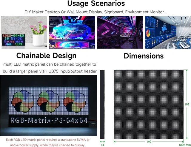 Alt view image 5 of 6 - 4096 64×64 RGB Full-Color LED Matrix Panel, 3mm Pitch Display Screen Compatible with Raspberry Pi 5/4B/Zero 2W/Zero/Pico 2W /Pico 2W, ESP32, Support Adjustable Brightness, Chainable