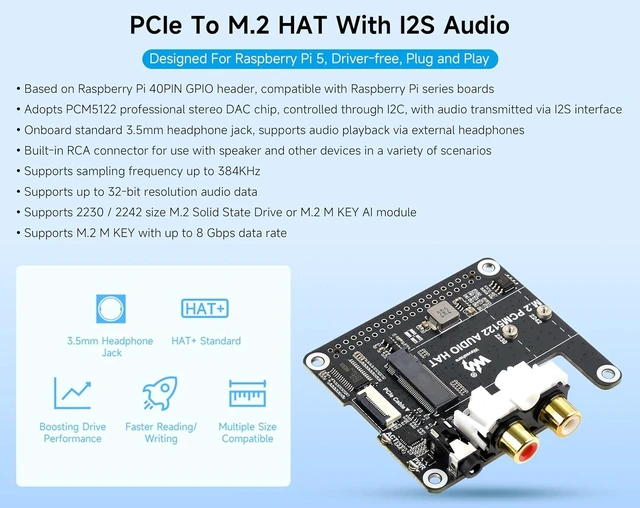 Alt view image 2 of 7 - M.2 PCM5122 Audio HAT, PCIe to M.2 HAT with I2S Audio Extension Compatible with Raspberry Pi 5, Supports NVMe SSD 2230/2242, Onboard 3.5mm Headphone Jack, RCA Connector, M. 2 M Key, Driver-Free
