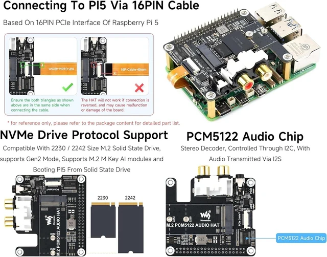 Alt view image 3 of 7 - M.2 PCM5122 Audio HAT, PCIe to M.2 HAT with I2S Audio Extension Compatible with Raspberry Pi 5, Supports NVMe SSD 2230/2242, Onboard 3.5mm Headphone Jack, RCA Connector, M. 2 M Key, Driver-Free