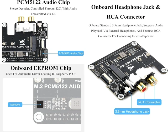 Alt view image 4 of 7 - M.2 PCM5122 Audio HAT, PCIe to M.2 HAT with I2S Audio Extension Compatible with Raspberry Pi 5, Supports NVMe SSD 2230/2242, Onboard 3.5mm Headphone Jack, RCA Connector, M. 2 M Key, Driver-Free