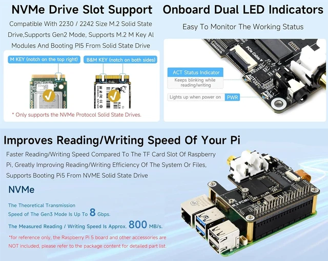 Alt view image 5 of 7 - M.2 PCM5122 Audio HAT, PCIe to M.2 HAT with I2S Audio Extension Compatible with Raspberry Pi 5, Supports NVMe SSD 2230/2242, Onboard 3.5mm Headphone Jack, RCA Connector, M. 2 M Key, Driver-Free