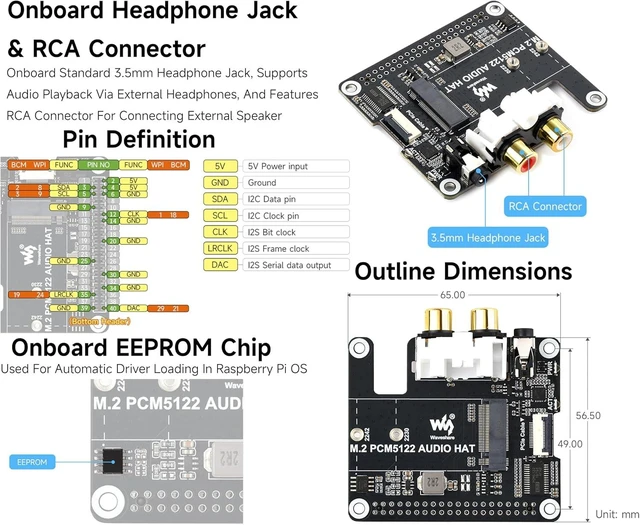 Alt view image 6 of 7 - M.2 PCM5122 Audio HAT, PCIe to M.2 HAT with I2S Audio Extension Compatible with Raspberry Pi 5, Supports NVMe SSD 2230/2242, Onboard 3.5mm Headphone Jack, RCA Connector, M. 2 M Key, Driver-Free