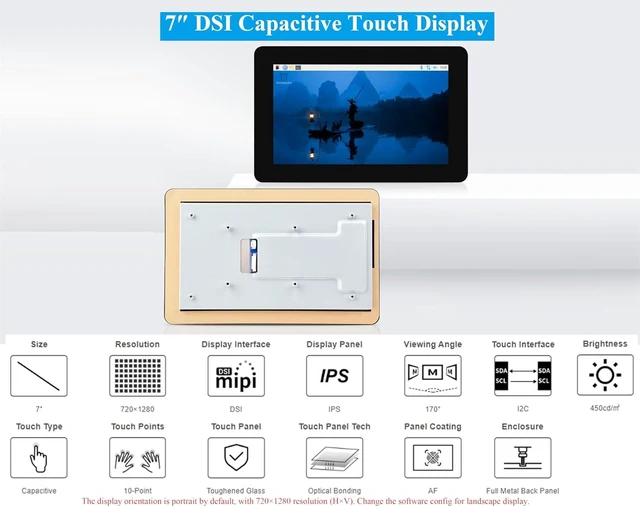 Alt view image 3 of 7 - 7inch DSI Capacitive Touch Screen Compatible with Raspberry Pi 5/4B/3B+/3B/RK3506-Lyra/RK3576/ESP32-P4, 720×1280 IPS Display, 10-Point Touch, Anti-Fingerprint Process