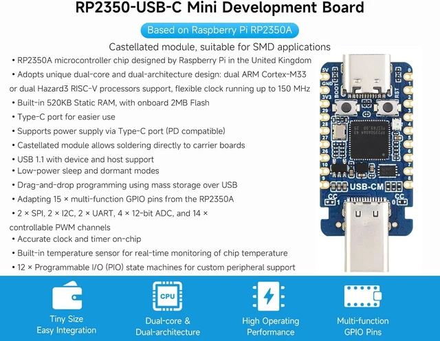 Alt view image 3 of 6 - RP2350-USB-C Dev Board, RPi Microcontroller, Dual-core & Dual-Architecture