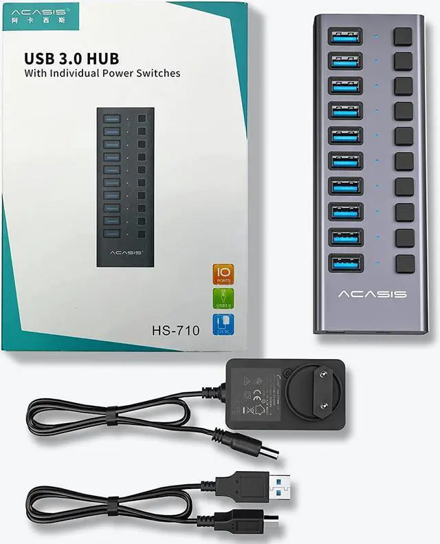 Alt view image 7 of 7 - ACASIS Powered USB Hub 10 Ports USB 3.0 Data Hub with Individual On/Off Switches and 12V/7.5A 90W Power Adapter USB Hub 3.0 Splitter for Laptop, PC, Computer, Mobile HDD, Flash Drive and More