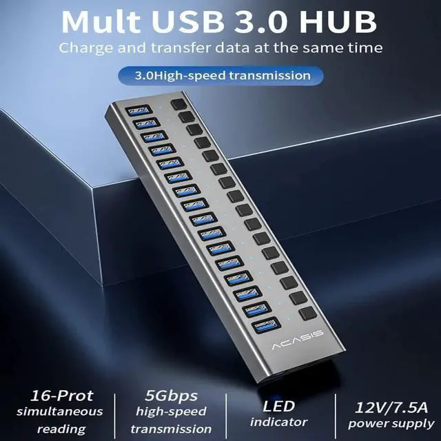 Alt view image 2 of 5 - ACASIS Powered USB Hub 16 Ports USB 3.0 Data Hub with Individual On/Off Switches and 12V7.5A 90W Power Adapter USB Hub 3.0 Splitter for Laptop, PC, Computer, Mobile HDD, Flash Drive (16 Ports)