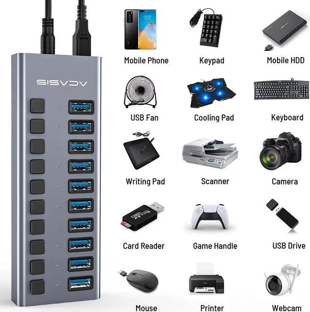 Alt view image 6 of 7 - ACASIS Powered USB Hub 10 Ports USB 3.0 Data Hub with Individual On/Off Switches and 12V/7.5A 90W Power Adapter USB Hub 3.0 Splitter for Laptop, PC, Computer, Mobile HDD, Flash Drive and More
