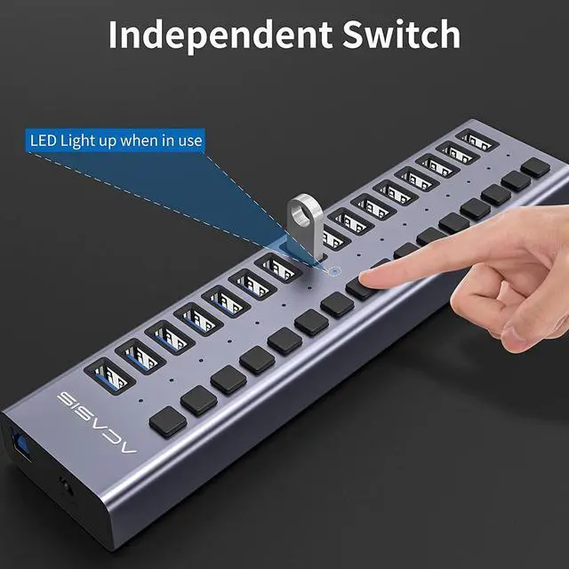 Alt view image 3 of 5 - ACASIS Powered USB Hub 16 Ports USB 3.0 Data Hub with Individual On/Off Switches and 12V7.5A 90W Power Adapter USB Hub 3.0 Splitter for Laptop, PC, Computer, Mobile HDD, Flash Drive (16 Ports)