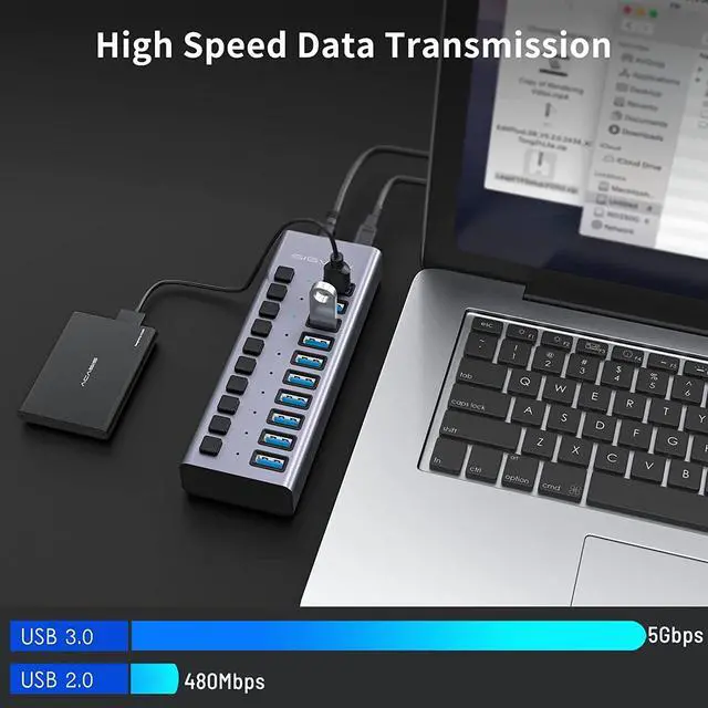 Alt view image 5 of 7 - ACASIS Powered USB Hub 10 Ports USB 3.0 Data Hub with Individual On/Off Switches and 12V/7.5A 90W Power Adapter USB Hub 3.0 Splitter for Laptop, PC, Computer, Mobile HDD, Flash Drive and More