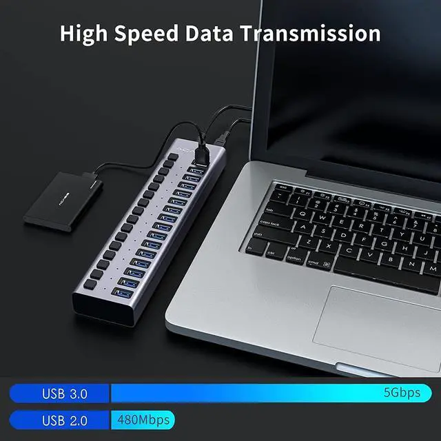 Alt view image 4 of 5 - ACASIS Powered USB Hub 16 Ports USB 3.0 Data Hub with Individual On/Off Switches and 12V7.5A 90W Power Adapter USB Hub 3.0 Splitter for Laptop, PC, Computer, Mobile HDD, Flash Drive (16 Ports)