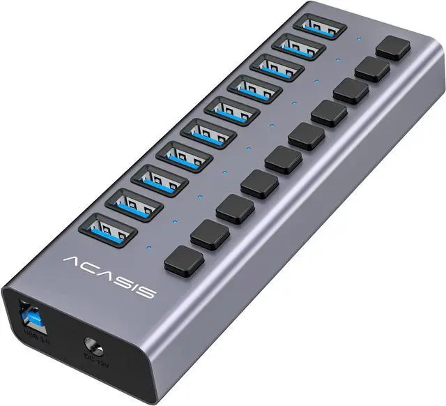 Main image of ACASIS Powered USB Hub 10 Ports USB 3.0 Data Hub with Individual On/Off Switches and 12V/7.5A 90W Power Adapter USB Hub 3.0 Splitter for Laptop, PC, Computer, Mobile HDD, Flash Drive and More