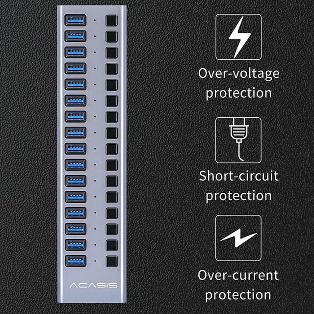 Alt view image 5 of 5 - ACASIS Powered USB Hub 16 Ports USB 3.0 Data Hub with Individual On/Off Switches and 12V7.5A 90W Power Adapter USB Hub 3.0 Splitter for Laptop, PC, Computer, Mobile HDD, Flash Drive (16 Ports)