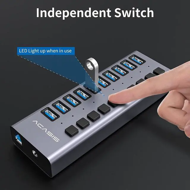Alt view image 4 of 7 - ACASIS Powered USB Hub 10 Ports USB 3.0 Data Hub with Individual On/Off Switches and 12V/7.5A 90W Power Adapter USB Hub 3.0 Splitter for Laptop, PC, Computer, Mobile HDD, Flash Drive and More