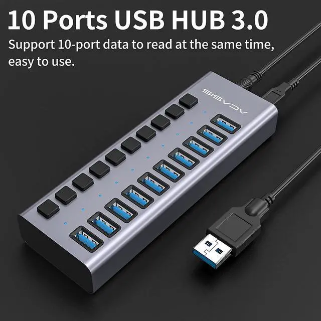 Alt view image 2 of 7 - ACASIS Powered USB Hub 10 Ports USB 3.0 Data Hub with Individual On/Off Switches and 12V/7.5A 90W Power Adapter USB Hub 3.0 Splitter for Laptop, PC, Computer, Mobile HDD, Flash Drive and More