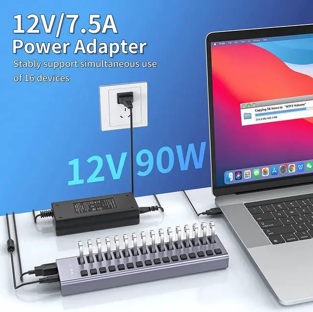 Alt view image 2 of 7 - ACASIS Powered USB Hub,16 Ports USB 3.0 Data Hub, Individual On/Off Switches, 12V7.5A 90W Power Adapter, USB Hub 3.0 Splitter Extension for MacBook, Mac Pro/Mini, iMac, Surface Pro Laptop/PC