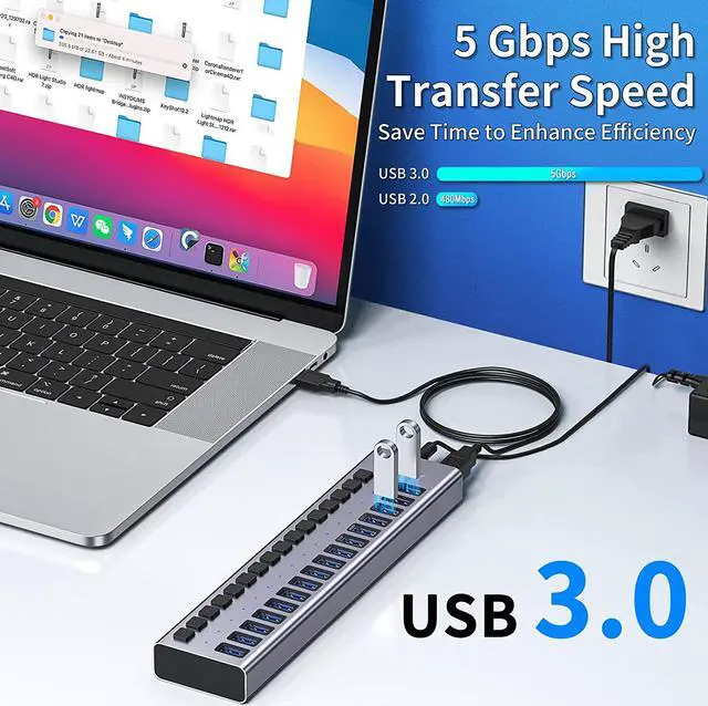 Alt view image 3 of 7 - ACASIS Powered USB Hub,16 Ports USB 3.0 Data Hub, Individual On/Off Switches, 12V7.5A 90W Power Adapter, USB Hub 3.0 Splitter Extension for MacBook, Mac Pro/Mini, iMac, Surface Pro Laptop/PC
