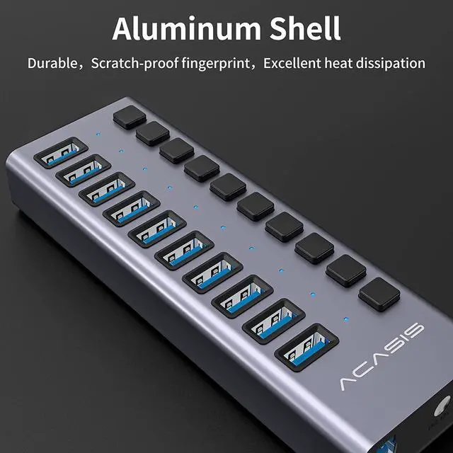 Alt view image 3 of 7 - ACASIS Powered USB Hub 10 Ports USB 3.0 Data Hub with Individual On/Off Switches and 12V/7.5A 90W Power Adapter USB Hub 3.0 Splitter for Laptop, PC, Computer, Mobile HDD, Flash Drive and More