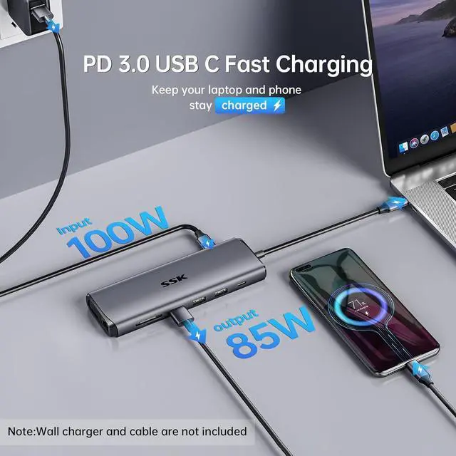 Alt view image 4 of 7 - SSK USB C Laptop Docking Station Dual Monitor,14 in 1 USB C Hub Multiport Adapter with 2 HDMI,VGA,RJ45 Ethernet,5 USBA,1 USB C 3.1 Data Port, SD/TF,PD3.0, for Thunderbolt MacBook Pro Lenovo Dell HP