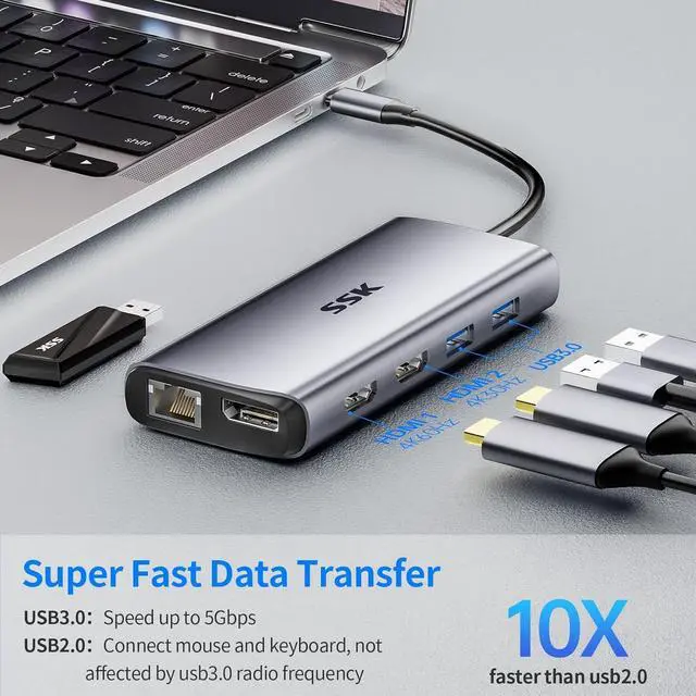 Alt view image 4 of 5 - SSK USB C Docking Station Dual Monitor, 11 in 1 Triple Display Docking Station Multiport Adapter of 2 HDMI, Displayport, Ethernet, PD3.0, SD TF Card Reader, 3USBs for MacBook/Dell/HP/Lenovo Laptops