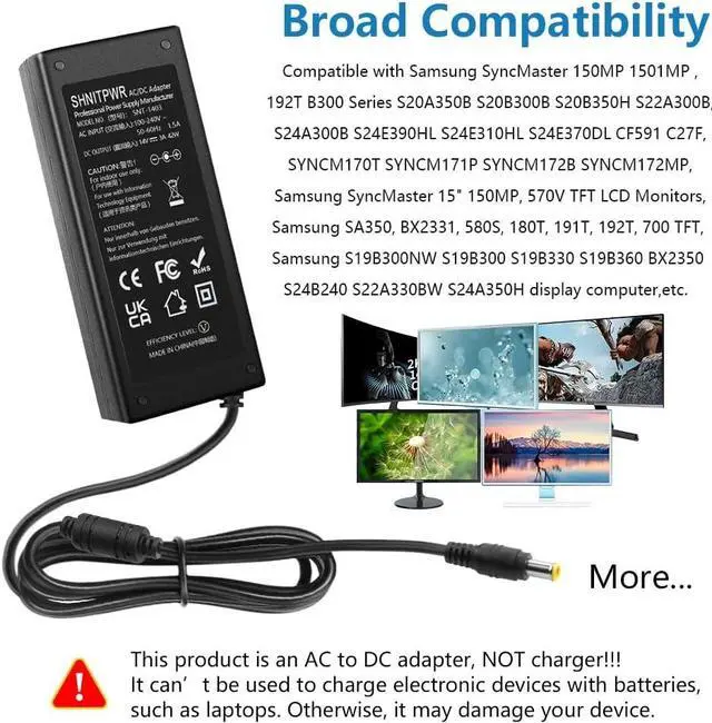 Alt view image 6 of 7 - 14V Power Cord for Samsung Monitor 14V 3A 2.5A 2.14A 1.78A 42W Power Supply AC DC Adapter for Samsung SyncMaster 15" 17" 18" 19" 20" 22" 23" 24" 27" Screen TFT LED LCD TV Monitor