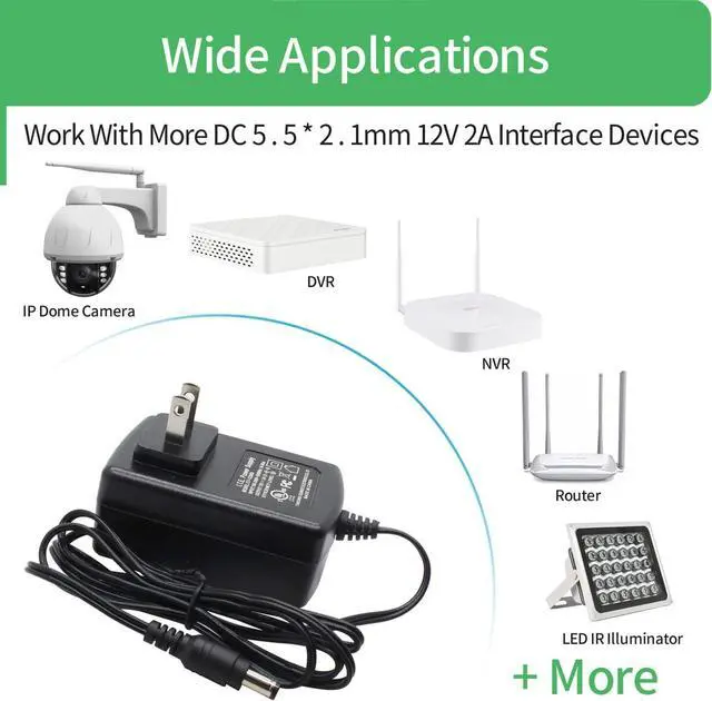 Alt view image 3 of 7 - [UL Listed] AC to DC 12V 2A Power Supply Adapter 5.5mm x 2.1mm for CCTV Camera DVR NVR,LED Strip,24 Watt Max,1.2m Cord