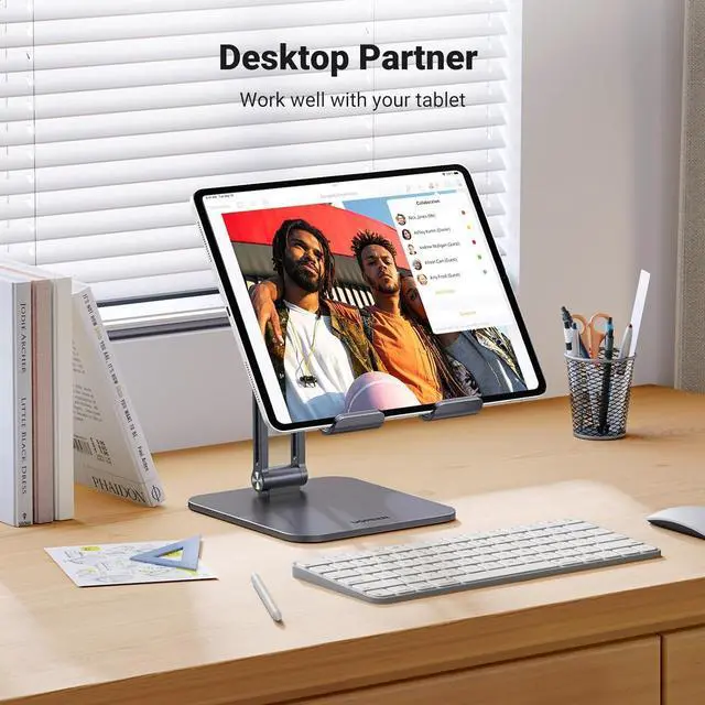 Alt view image 2 of 7 - UGREEN Tablet Stand Holder for Desk 2 Adjustable Arm, Multi-Angle Tablet Holder Universal Foldable Dock Compatible with 2024 iPad Pro 13 12.9 11 iPad Air 11 13 ipad mini Phone 15 14 E-Reader Grey