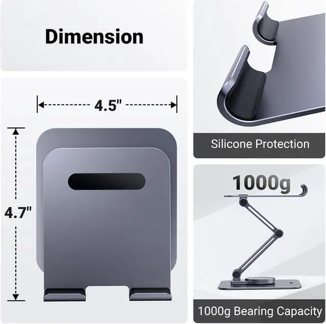 Alt view image 7 of 7 - UGREEN Tablet Stand for Desk Swivel with 360° Rotating Base Tablet Holder Aluminum Portable Stand Adjustable Home Office Desk Accessories Compatible with 2024 iPad Pro 13 12.9 11 Air Mini 6 5 Grey