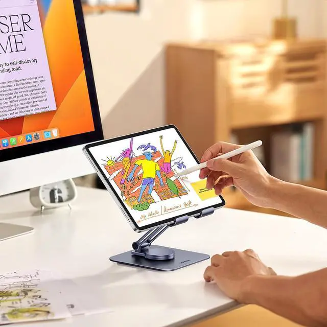 Alt view image 3 of 7 - UGREEN Tablet Stand for Desk Swivel with 360° Rotating Base Tablet Holder Aluminum Portable Stand Adjustable Home Office Desk Accessories Compatible with 2024 iPad Pro 13 12.9 11 Air Mini 6 5 Grey