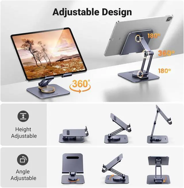 Alt view image 6 of 7 - UGREEN Tablet Stand for Desk Swivel with 360° Rotating Base Tablet Holder Aluminum Portable Stand Adjustable Home Office Desk Accessories Compatible with 2024 iPad Pro 13 12.9 11 Air Mini 6 5 Grey
