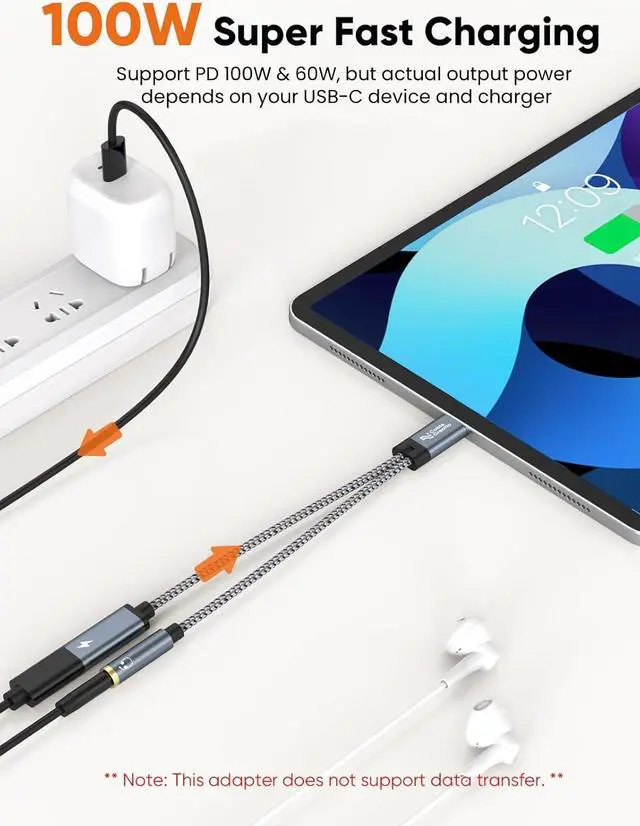 Alt view image 2 of 7 - CableCreation USB C to 3.5mm Headphone and Charger Adapter with PD 100W 60W Fast Charging, USB C to Aux Audio Jack Type C to Aux Cord for iPhone 15, Galaxy S24/S23/S22 Ultra+, iPad Pro/Air, Pixel 8/7+