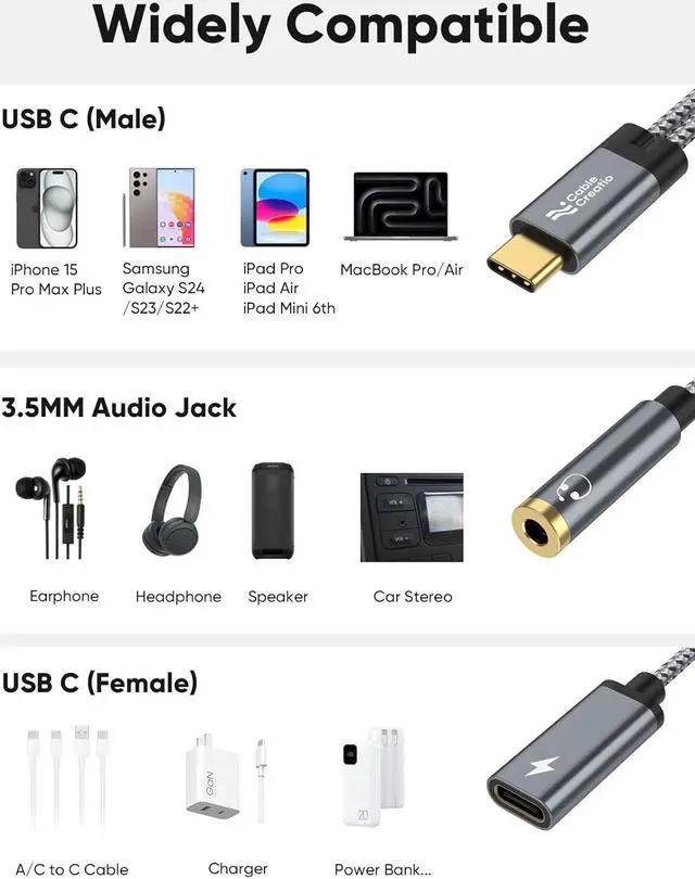 Alt view image 4 of 7 - CableCreation USB C to 3.5mm Headphone and Charger Adapter with PD 100W 60W Fast Charging, USB C to Aux Audio Jack Type C to Aux Cord for iPhone 15, Galaxy S24/S23/S22 Ultra+, iPad Pro/Air, Pixel 8/7+