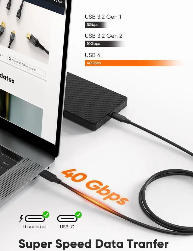 Alt view image 2 of 6 - CableCreation USB 4 Cable (3.3FT/1M) 40Gbps Data Transfer, 240W Fast Charging USB Type C Cable, 8K@60Hz HD Display Video Cord for Thunderbolt 4/3, iPhone 15 Pro Max, MacBook, XPS, Surface, Docking