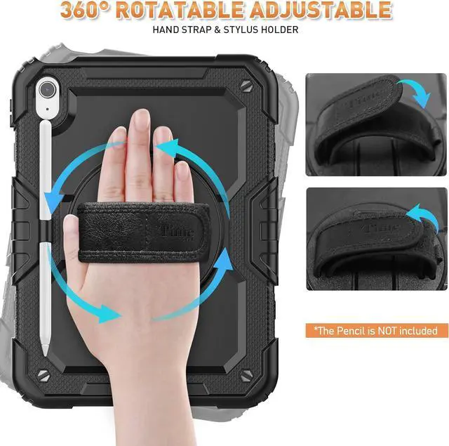 Alt view image 3 of 7 - iPad 10th Generation Case (10th Gen iPad Case, iPad 10 Case, iPad 10.9 Case 2022 Release) : with Strong Protection, Hand Strap, 360° Rotating Stand, Pencil Holder - Black
