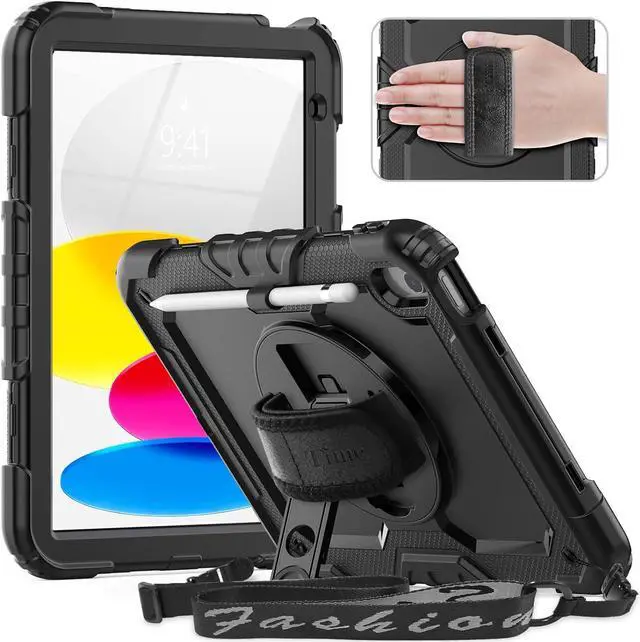 Main image of iPad 10th Generation Case (10th Gen iPad Case, iPad 10 Case, iPad 10.9 Case 2022 Release) : with Strong Protection, Hand Strap, 360° Rotating Stand, Pencil Holder - Black