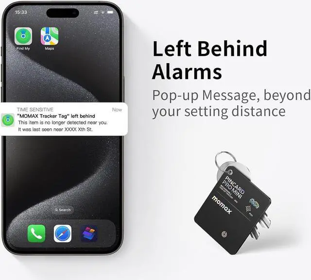 Alt view image 4 of 7 - Momax Rechargeable Bluetooth Tracker, Key Finder IP68 Waterproof, Up to 328ft Range, Smart Tracking Tag for Keys, Bags, Luggage, Wallet and More, Mini Size, iOS Only