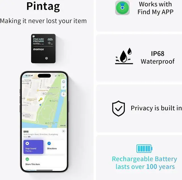 Alt view image 5 of 7 - Momax Rechargeable Bluetooth Tracker, Key Finder IP68 Waterproof, Up to 328ft Range, Smart Tracking Tag for Keys, Bags, Luggage, Wallet and More, Mini Size, iOS Only