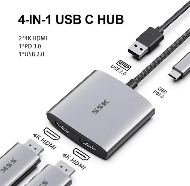 Alt view image 2 of 7 - USB C to Dual HDMI Adapter 4K/60Hz,4 in 1 Laptop HDMI Splitter for Multi Monitors Adapter with 2 HDMI 4K,100W PD,USB 2.0 Port for MacBook Pro,Air, [Compatible with Thunderbolt 3]
