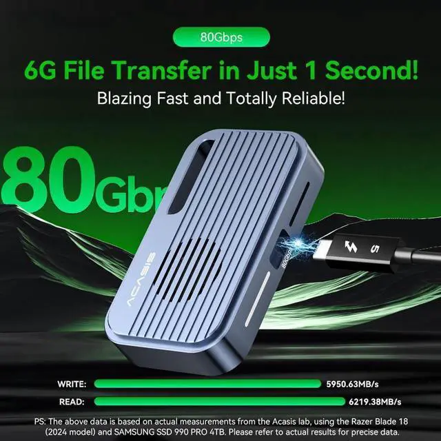 Alt view image 3 of 7 - TB5 80Gbps M.2 NVMe SSD Enclosure, USB4 v2.0 Compatible with Thunderbolt 5/TB3/TB4 Transfer Rates Over 6000MB/s, Works with Mac M4 Pro