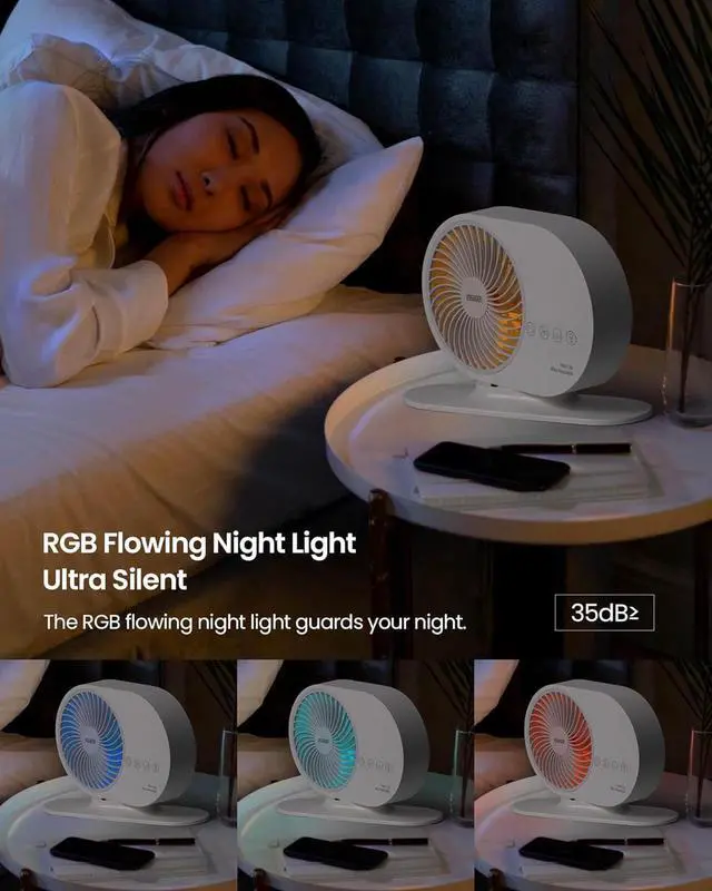 Alt view image 2 of 7 - Desk Air Circulator Fan with RGB Night Light, Rechargeable Table Fan with Aromatherapy Feature, 3-Speeds, Automatic Rotation, Quiet for Bedroom, Tent, Office