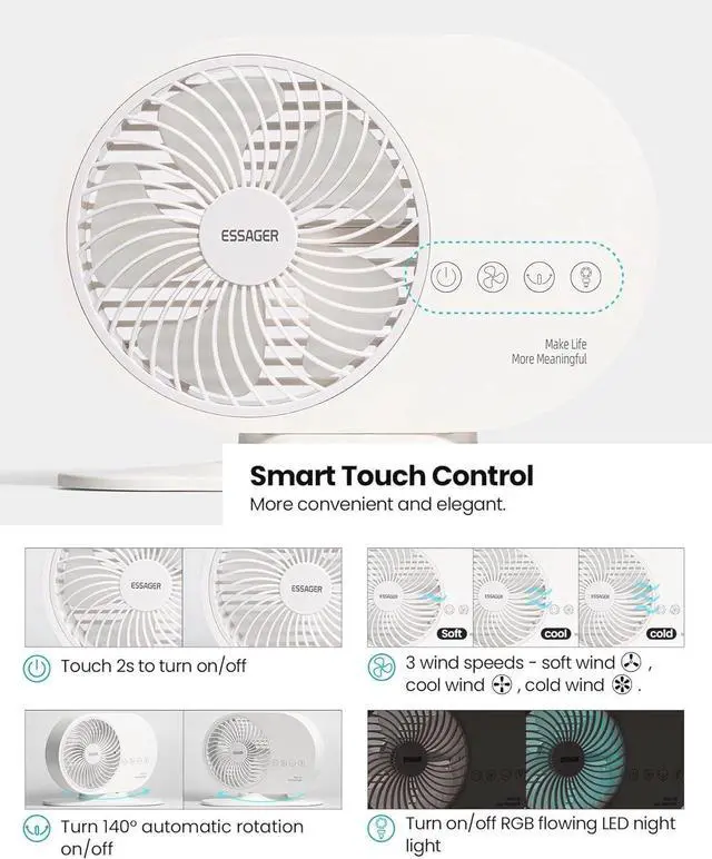 Alt view image 7 of 7 - Desk Air Circulator Fan with RGB Night Light, Rechargeable Table Fan with Aromatherapy Feature, 3-Speeds, Automatic Rotation, Quiet for Bedroom, Tent, Office