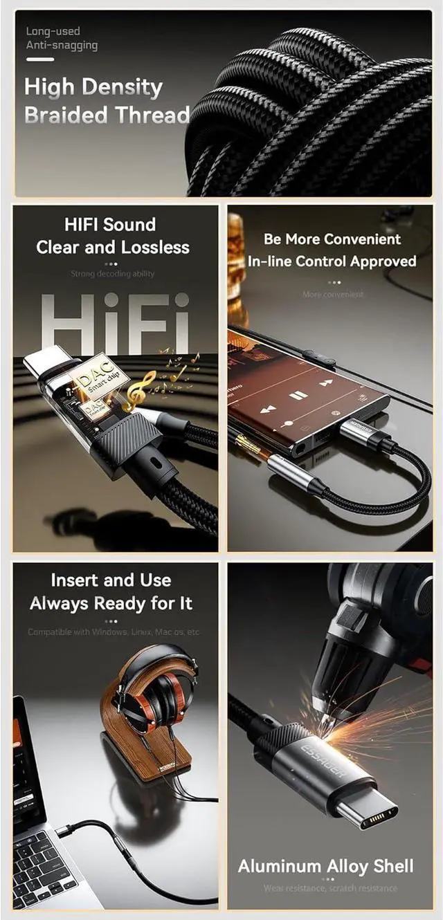 Alt view image 3 of 7 - USB C to 3.5mm Audio Adapter, Hi-Res DAC Aux Headphone Jack Female Nylon Cable for iPhone 16 Pro Max, 15 Pro Max/15 Pro/15 Plus, Galaxy S24/S223/S22 Ultra, Pixel, and More Type C Devices