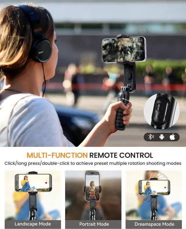 Alt view image 2 of 7 - Gimbal Stabilizer with Detachable Fill Light for iPhone Android Smart Phone, Extendable Portable 1-Axis Selfie Stick Tripod with Wireless Remote with 360°Automatic Rotation