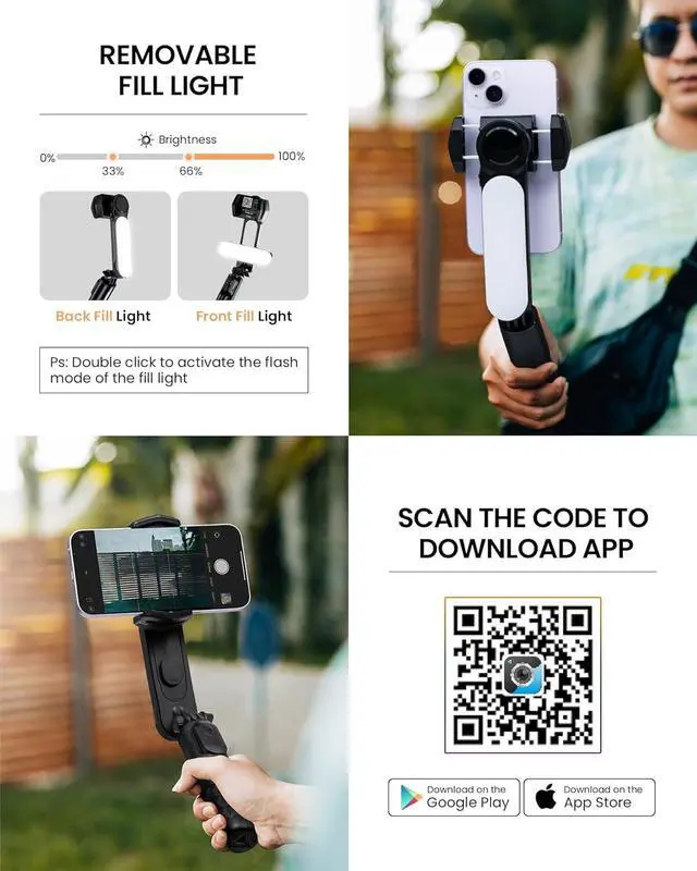 Alt view image 3 of 7 - Gimbal Stabilizer with Detachable Fill Light for iPhone Android Smart Phone, Extendable Portable 1-Axis Selfie Stick Tripod with Wireless Remote with 360°Automatic Rotation