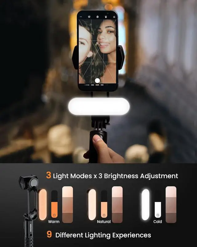 Alt view image 5 of 7 - Gimbal Stabilizer with Detachable Fill Light for iPhone Android Smart Phone, Extendable Portable 1-Axis Selfie Stick Tripod with Wireless Remote with 360°Automatic Rotation