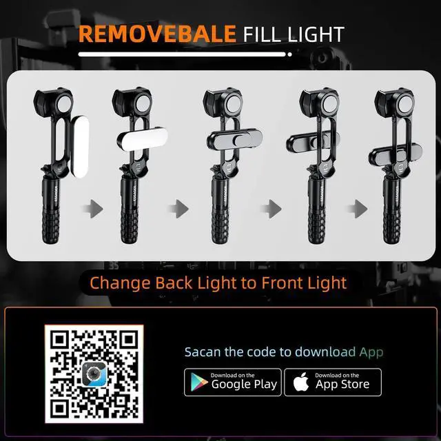 Alt view image 7 of 7 - Gimbal Stabilizer with Detachable Fill Light for iPhone Android Smart Phone, Extendable Portable 1-Axis Selfie Stick Tripod with Wireless Remote with 360°Automatic Rotation