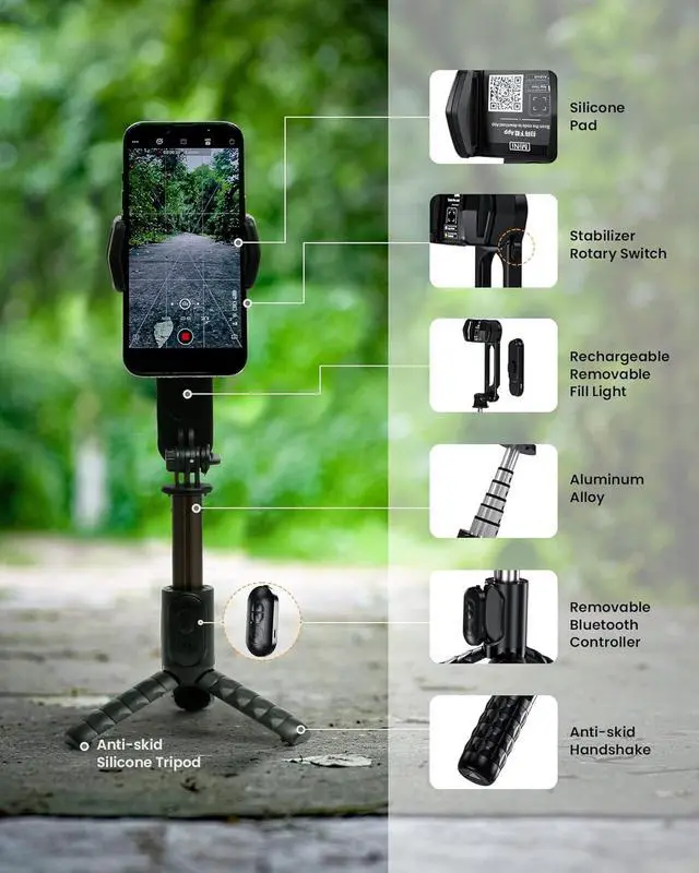 Alt view image 6 of 7 - Gimbal Stabilizer with Detachable Fill Light for iPhone Android Smart Phone, Extendable Portable 1-Axis Selfie Stick Tripod with Wireless Remote with 360°Automatic Rotation