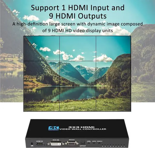 Alt view image 5 of 7 - Video Wall Controller 3x3, TV Wall Processor, 4K x 2K HDMI Multi-Screen Splicing Processor, Support Support 1-Way HDMl or DVI Input and 9 HDMl Output Support Images Stitching 3x2 2x3 2x2 4x2 2x4 etc