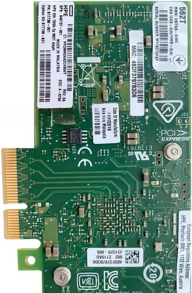 Alt view image 2 of 5 - 817738-B21 562T - Network adapter - PCIe 3.0 x4 - 10Gb Ethernet x 2 - for ProLiant ML110 Gen10, ML350 Gen10
