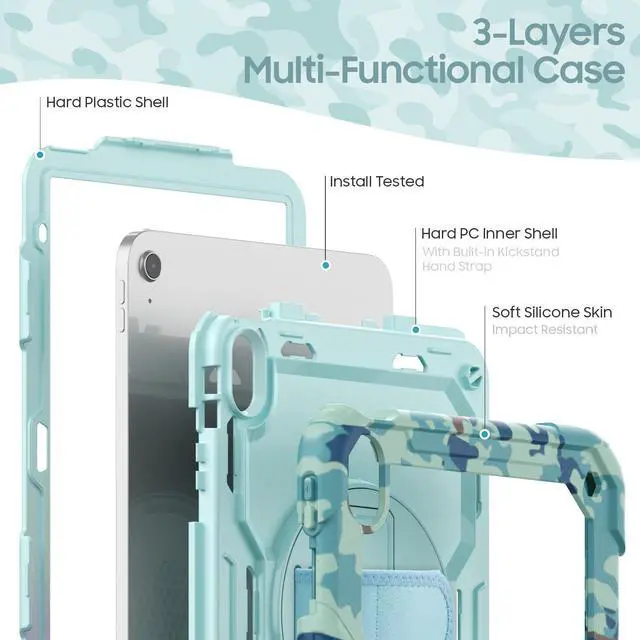 Alt view image 3 of 7 - Case for iPad (A16) 11th/ 10th Generation Case 11''/ 10.9 Inch (2025/2022) - Heavy Duty Protective Cover with Screen Protector, Stand, Shoulder Strap & Pencil Holder | Kids-Friendly - Camouflage Blue